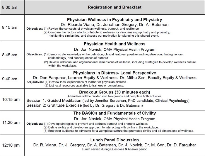 8:00 am Registration and Breakfast 8:15 am Physician Wellness in Psychiatry and Physiatry Dr. Ricardo Viana, Dr. Jonathan Gregory, Dr. Ali Bateman Results of Maslach Burnout Inventory shared with group (anonymous mobile phone poll) Objectives: (1) Review the concept of physician wellness and related constructs such as burnout and resilience (2) Compare the factors which contribute to wellness for clinicians in psychiatry and physiatry, highlighting similarities. 8:45 am Physician Health and Wellness Dr. Jon Novick, OMA Physical Health Program Objectives: (1) Demonstrate knowledge of the definition, clinical features, positive and negative contributing factors, epidemiology, and consequences of burnout. (2) Review individual and organizational dimensions of wellness, including strategies to develop wellness culture within the workplace. 9:40 am Physicians in Distress- Local Perspective Dr. Don Farquhar, Learner Equity and Wellness Office & Dr. Mithu Sen, Faculty Equity & Wellness Objectives: (1) Review local experiences physician distress. (2) List local resources available to trainees or consultants. 10:15 am Breakout Groups (30 minutes each) Session 1: Guided Meditation Session-Session Leader: Jennifer Sorochan, PhD candidate, Clinical Psychology Session 2: Gratitude Exercise (Session Leader: Dr. Jonathan Gregory and Dr. Ali Bateman) Attendees will be divided into two groups and complete both activities 11:20 am The BASICs and Fundamentals of Civility Dr. Jon Novick, OMA Physical Health Program Objectives: (1) Develop strategies to prevent and address burnout and promote wellness. (2) Define civility and develop an approach to interacting with civility in the workplace. (3) Empower audience to advocate for a workplace culture that promotes civility and all dimensions of wellness. 12:10 pm Lunch Panel Discussion Dr. R. Viana, Dr. J. Gregory, Dr. A. Bateman, Dr. J. Novick, Dr. M. Sen, Dr. D. Farquhar Lunch served during Questions & Answer period 12:50 pm Evaluation Forms and Adjournment